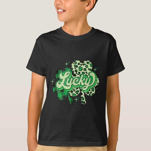 Lucky Shamrock Leopard,checkered Patricks Day Funn T Shirt (Framsida)