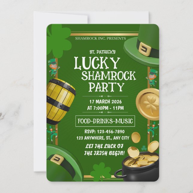 Lucky Shamrock Party St. Paddy's Day Customizable Inbjudningar (Framsida)