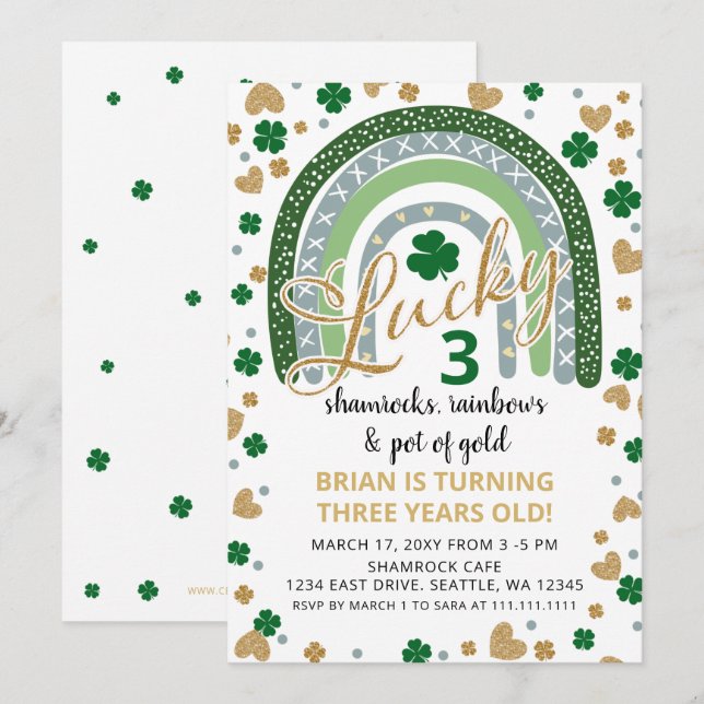 Lucky Shamrock Rainbow St Patrick Boy Birthday Inbjudningar (Fram/baksida)