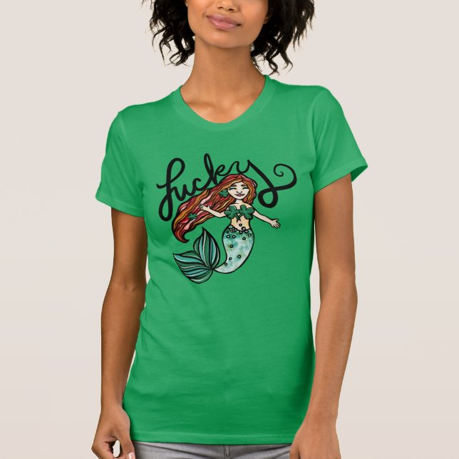 Lucky Sjöjungfru Shamrock Rödhårig Irish Sjöjungfr T Shirt (Framsida)