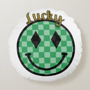 Lucky Smiley face Grönt Guld Kontrollerad Lycklig Rund Kudde