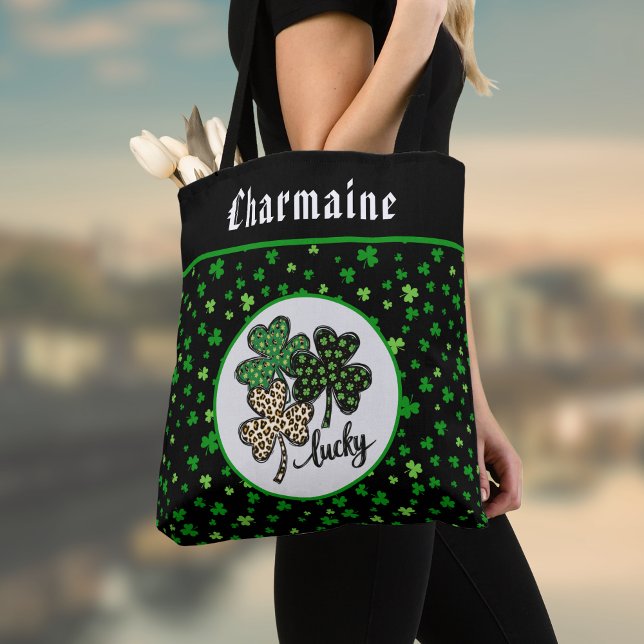 Lucky St Patrick Shamrock Green Black Cat Print   Tygkasse (Skapare uppladdad)