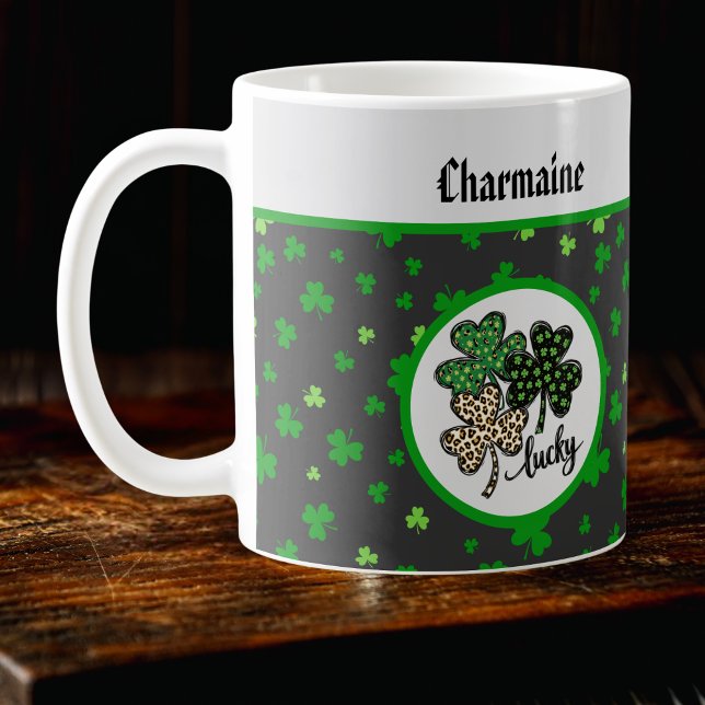 Lucky St Patrick Shamrock Grön Svart Katt Tryck   Kaffemugg (Skapare uppladdad)