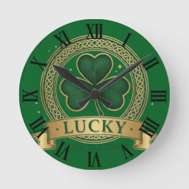 Lucky St Patrick's Day Shamrock Irish Roman Clock Rund Klocka