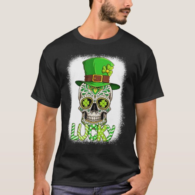 Lucky Sugar Skull Leprechaun Hat St Patrick's Day  T Shirt (Framsida)