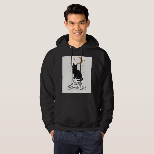 Lucky Svart Katt Tröja | Mystisk Mån Design Hoodie (Hel framsida)