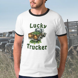 Lucky Trucker Retro Black Truck Hauling Shamrocks T Shirt