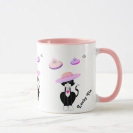 Lucky Tuxedo Cat and Flies Saucers Mugg