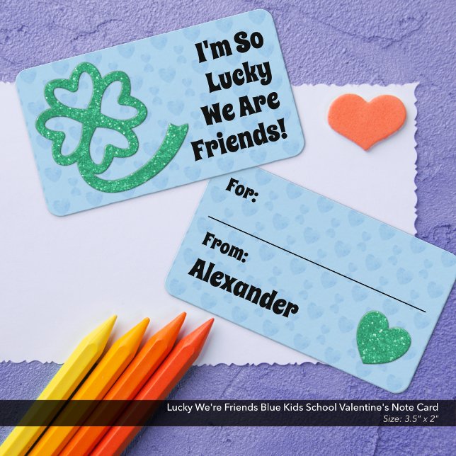 Lucky, vi är Friends Blue Kids School Valentines Anteckningskort (I'm So Lucky We're Friends Blue Kids School/Classroom Valentine's Card)