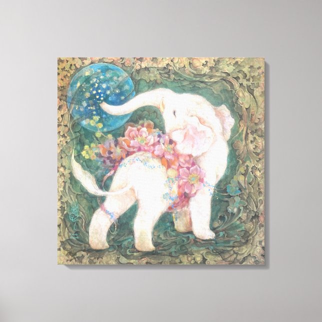 Lucky White Elephant: Japanese Nihonga Art Canvastryck (Framsida)