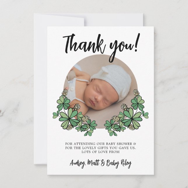 Lucky White Klöver Photo Baby Shower Tack Kort (Framsida)