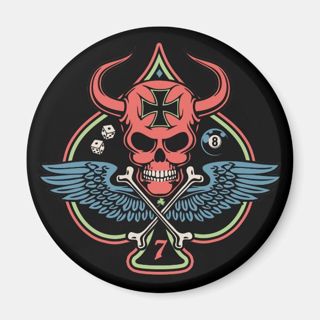 Lucky Winged Maltese Djävulen Skull of Spades Magnet (Framsidan)