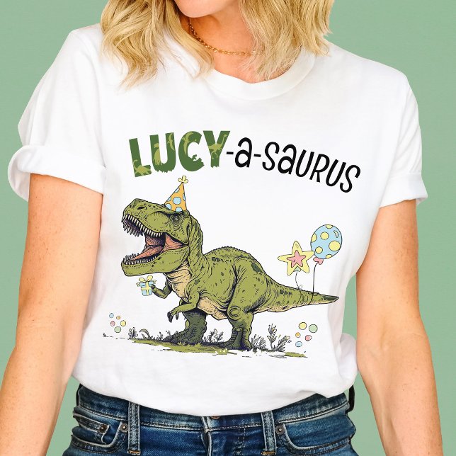 Lucy-a-saurus Dinosaur Anpassad Barnkalas för Kids T Shirt (Cute funny t-rex dinosaur theme custom name a-saurus kids birthday party matching family adult shirt)