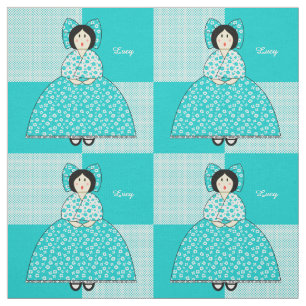 Lucy Doll with Aqua Polka Dot Background Tyg