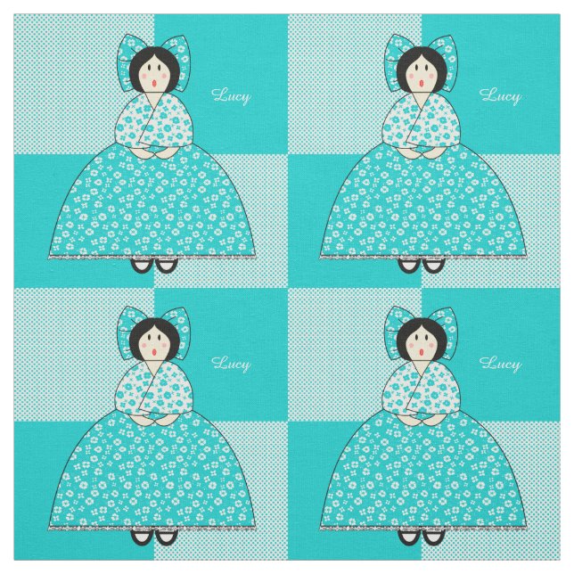 Lucy Doll with Aqua Polka Dot Background Tyg (Provkarta)
