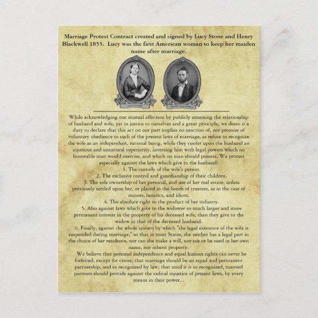 Lucy Stone Henry Blackwell Giftermål Contract Vykort (Framsida)