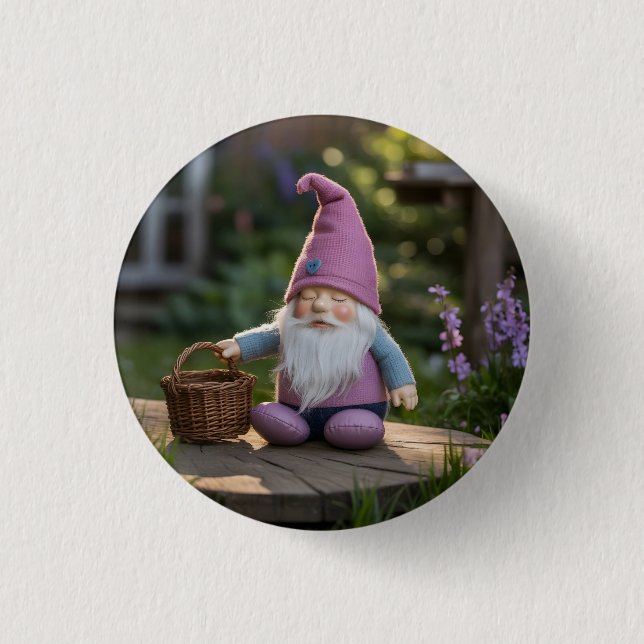 Ludd tomtefigur med vävd korg sommar  knapp (Framsida)