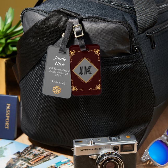 luddig röd guld-klassisk monogrampersonlighet bagagebricka (Fram & Baksida)