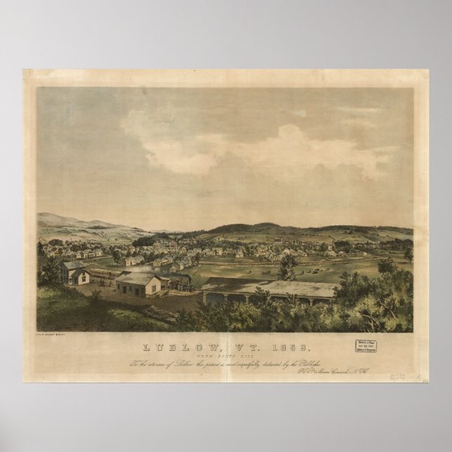 Ludlow Vermont 1859 Antique Panoramic Karta Poster (Framsidan)