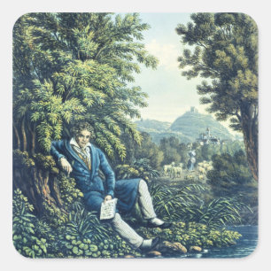 Ludwig Van Beethoven vid en flod (färgad engravin Fyrkantigt Klistermärke