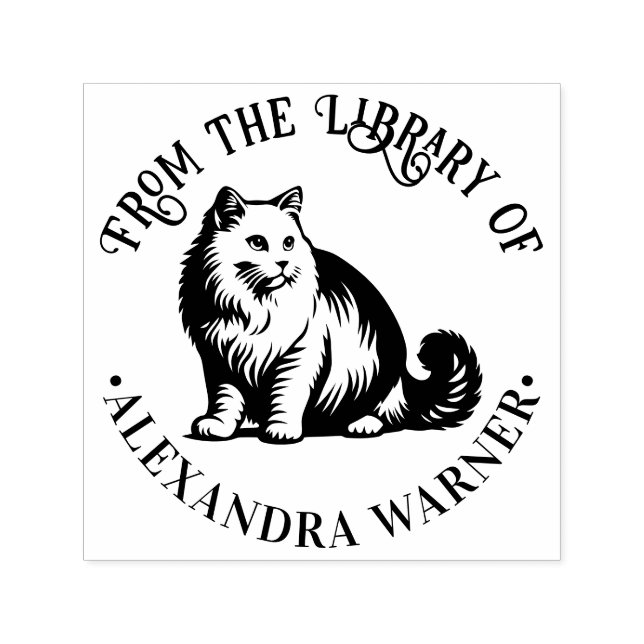 Luffig Långhårig Katt Sittande #2 Biblioteksboknam Självfärgande Stämpel (Design)