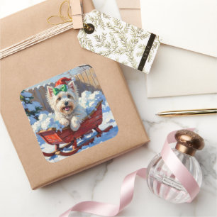 Luffiga Coton de Tulear Hund Vintage Julsläde Fyrkantigt Klistermärke