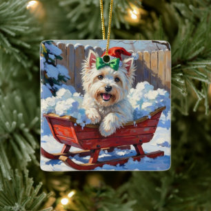 Luffiga Coton de Tulear Hund Vintage Julsläde Julgransprydnad Keramik