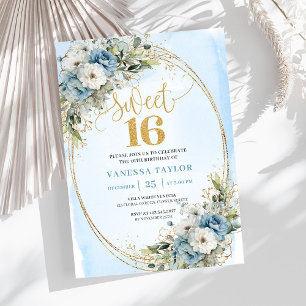 Lufsig dammig blå blomster grönska Sweet 16 inbjud Inbjudningar