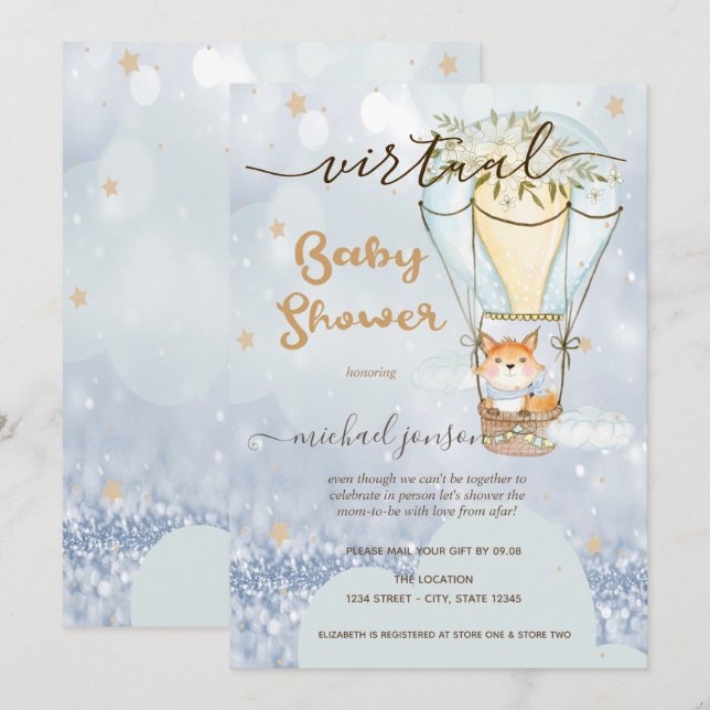 Luft Balloon Fox Stars Bokeh Virtuell babyskor Inbjudningar (Fram/baksida)