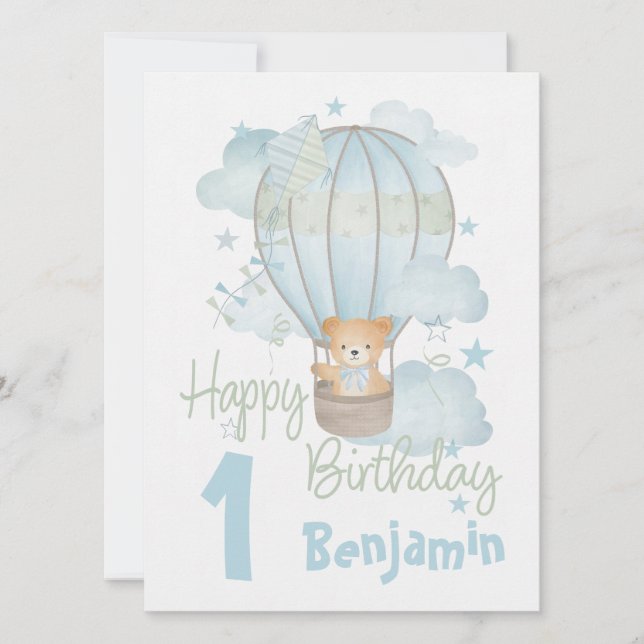 Luft Balloon med Teddy Blue Birthday-vykort (Framsida)