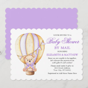 Luft Balloon Nalle Lila Baby Shower by Mail Inbjudningar