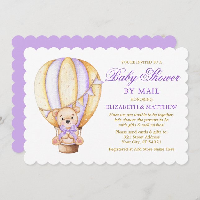 Luft Bubblor Bear Lila Guld Baby Shower by Mail Inbjudningar (Fram/baksida)