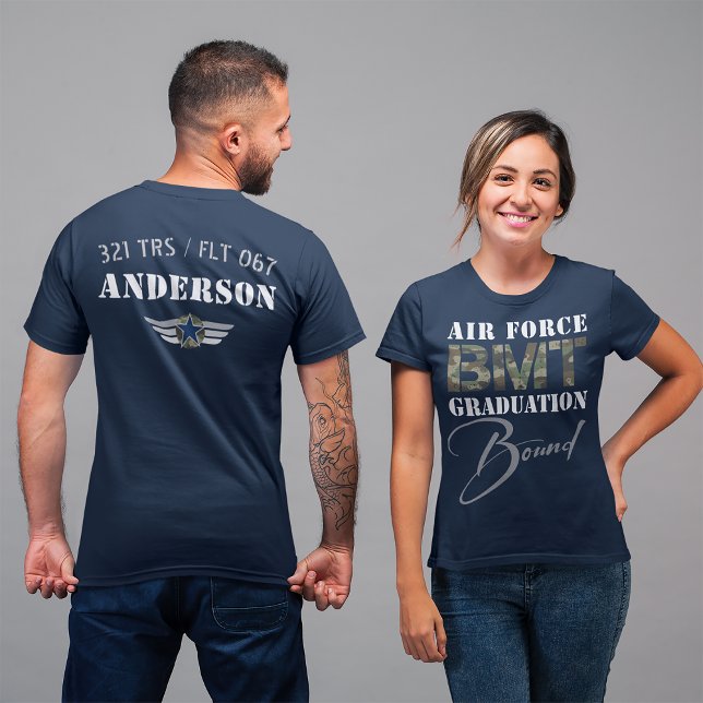 Luft Force BMT Studenten bundet militära fronten B T Shirt (Air Force BMT Graduation Bound, basic military training front and back travel t-shirt, TRS FLT name )