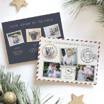 Luft Mail | År i bildskärmskoppling Julkort<br><div class="desc">Unik helgdag-kortsdesign får sin ledtråd från vykort för vintage, med ett blått och rött, rastrerat gräns och frimärke-stil. Anpassa framsidan med din familj namn, en kort-Julhälsningar (visas med "skicka jour") och fyra foton. Lägg till ytterligare tre foton på baksidan tillsammans med en rubrik för anpassningsbarna och namnteckning och anpassningsbar för...</div>
