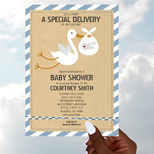 Luft Mail Speciell Delivery Stork Boy Shower Inbjudningar