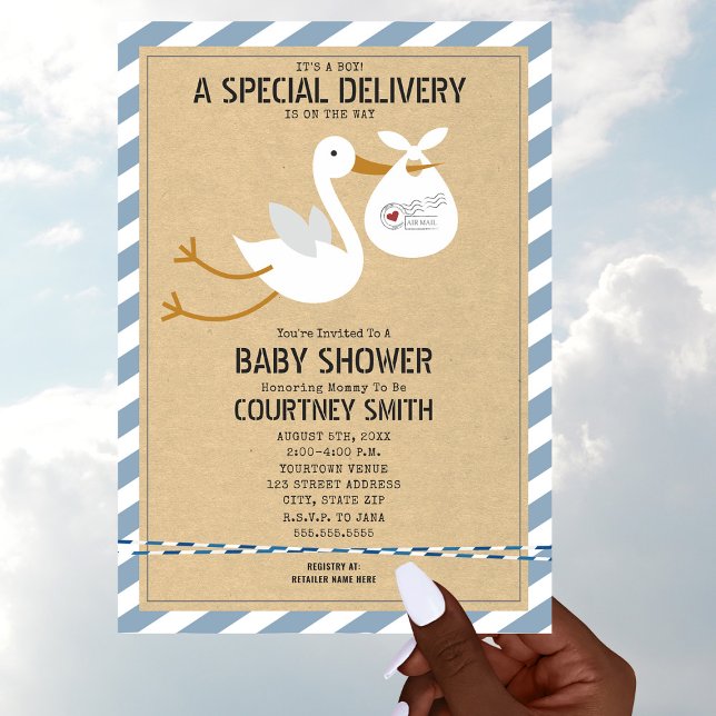 Luft Mail Speciell Delivery Stork Boy Shower Inbjudningar (Skapare uppladdad)