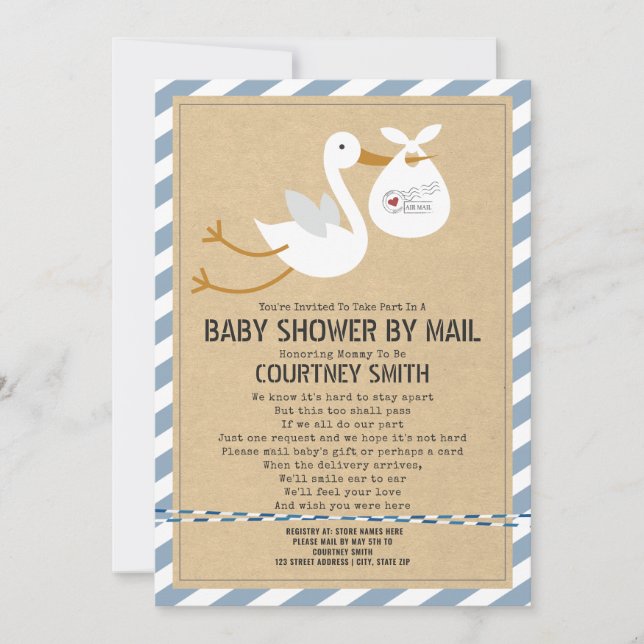 Luft Mail Stork Blue Boy Shower by Mail Inbjudningar (Framsida)