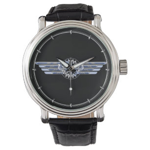 Luft Pilot Chrome like Vingar Compass on Black Armbandsur