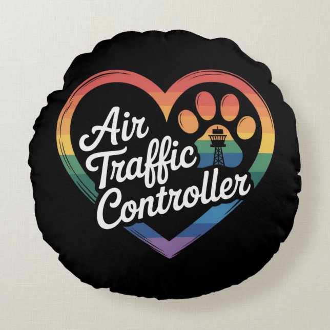 Luft Traffic Controller Rainbow Heart Rund Kudde (Framsidan)