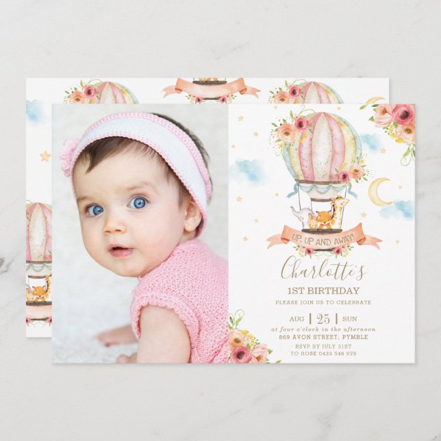 Luftballong 1:a födelsedagsjungeldjuret Foto Inbjudningar (Fram/baksida)