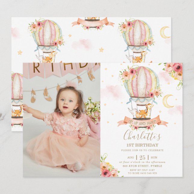 Luftballong 1:a födelsedagsjungeldjuret Foto Inbjudningar (Fram/baksida)