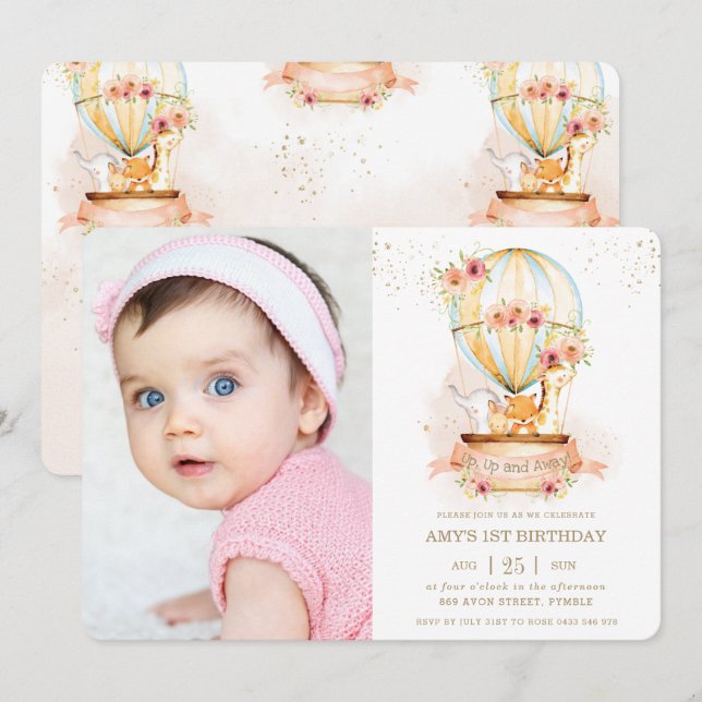 Luftballong 1:a födelsedagsjungeldjuret Foto Inbjudningar (Fram/baksida)