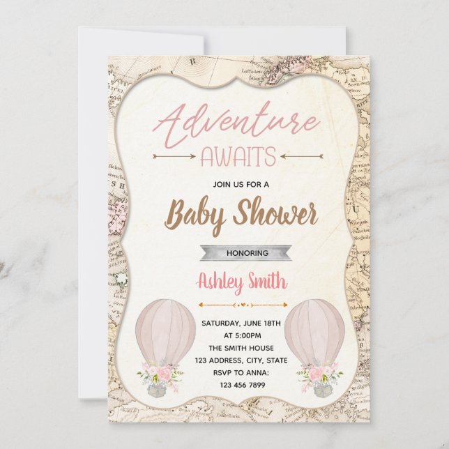 Luftballong äventyr väntar på babydusch inbjudningar (Framsida)