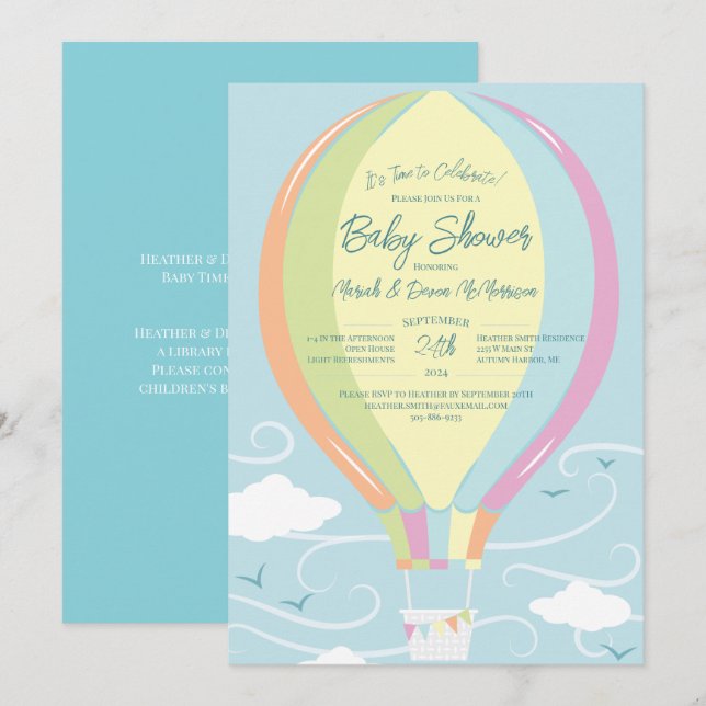 Luftballong Baby Shower Blue Rainbow Inbjudningar (Fram/baksida)