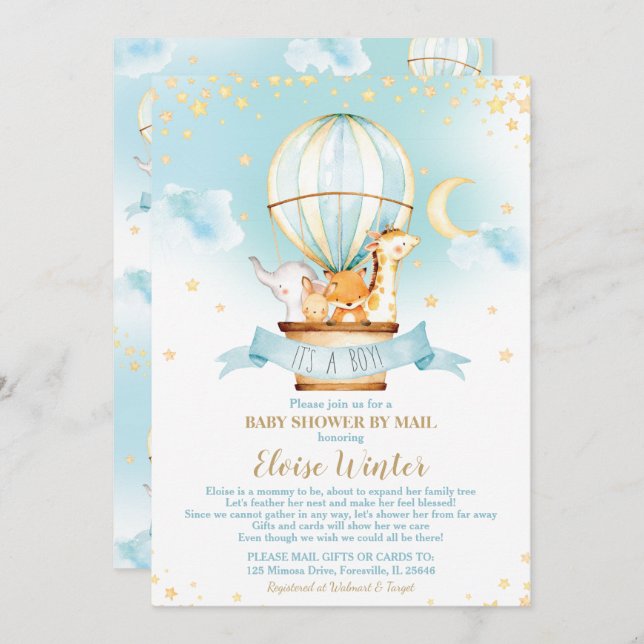 Luftballong Baby Shower by Mail Jungle Animal Inbjudningar (Fram/baksida)