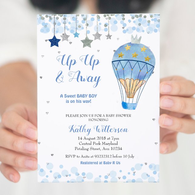 Luftballong Baby Shower Glitter Blue Star Inbjudningar (Skapare uppladdad)