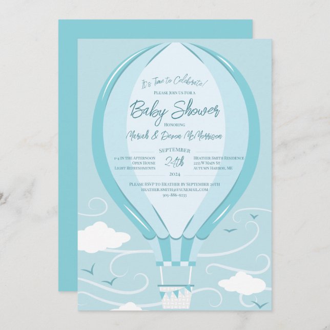 Luftballong Baby Shower Inbjudningar (Fram/baksida)