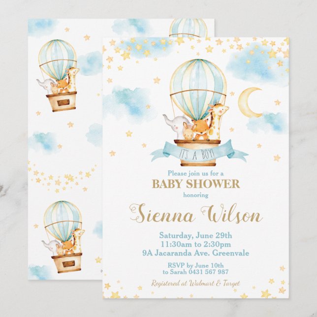 Luftballong Baby Shower Jungle Animals Boy Inbjudningar (Fram/baksida)