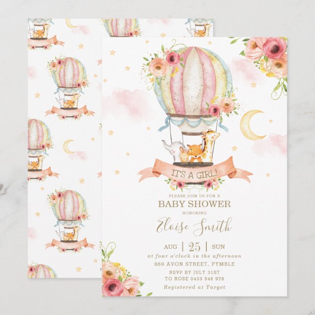 Luftballong Baby Shower Jungle Animals Girl Inbjudningar (Fram/baksida)
