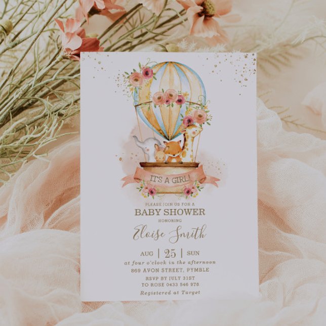 Luftballong Baby Shower Jungle Animals Girl Inbjudningar (Skapare uppladdad)